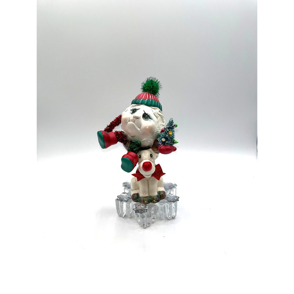 Vintage Ceramic Snowball Sitting in Rudolphs Antlers Mikasa Glass Snowflake OOAK - Picture 2 of 16